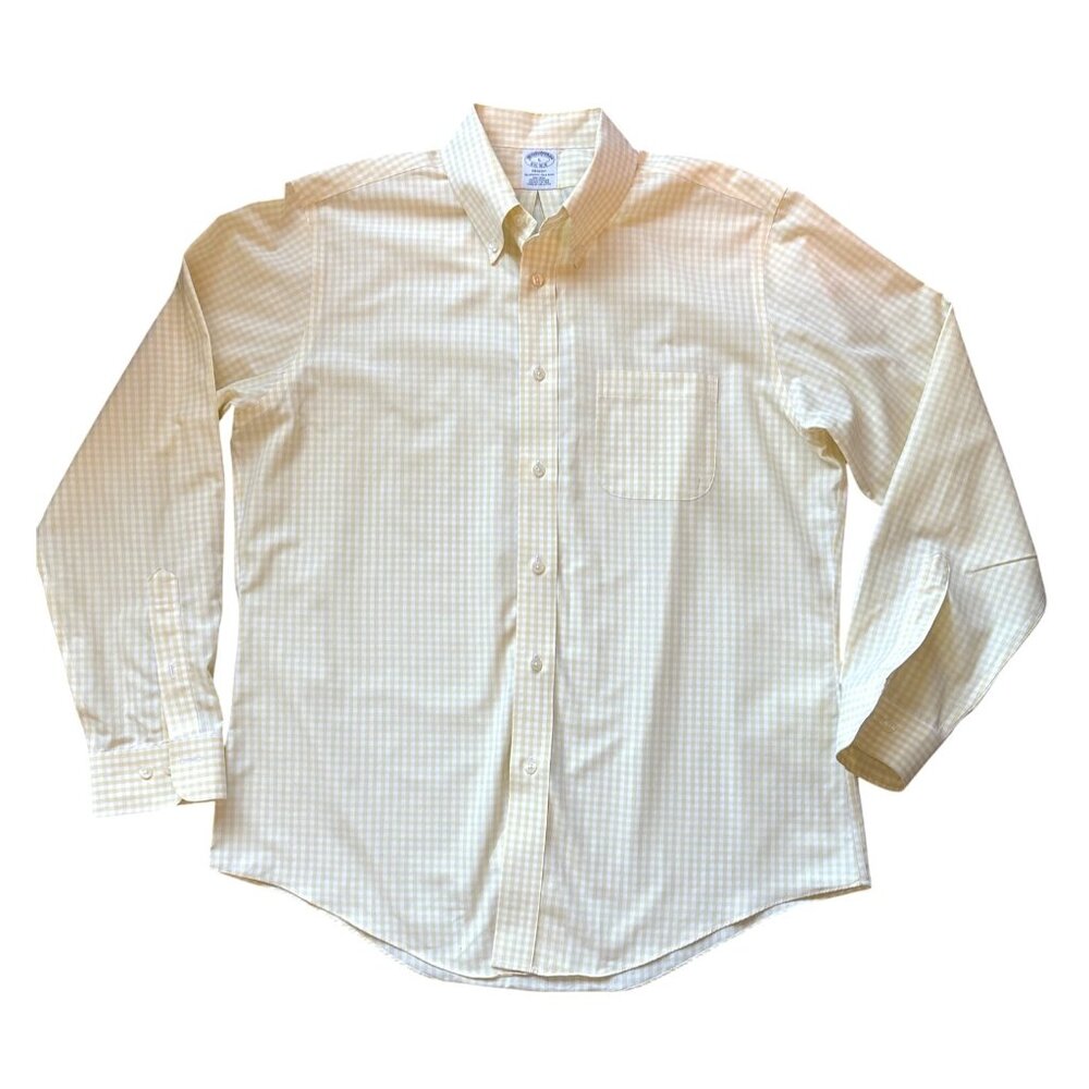 Brooks Brothers Mens Dress Shirt‎ Size Large Regent Fit Non Iron Yellow Gingham